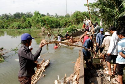 People help repair the breached dyke section (Photo: SGGP) People help repair the breached dyke section (Photo: SGGP)